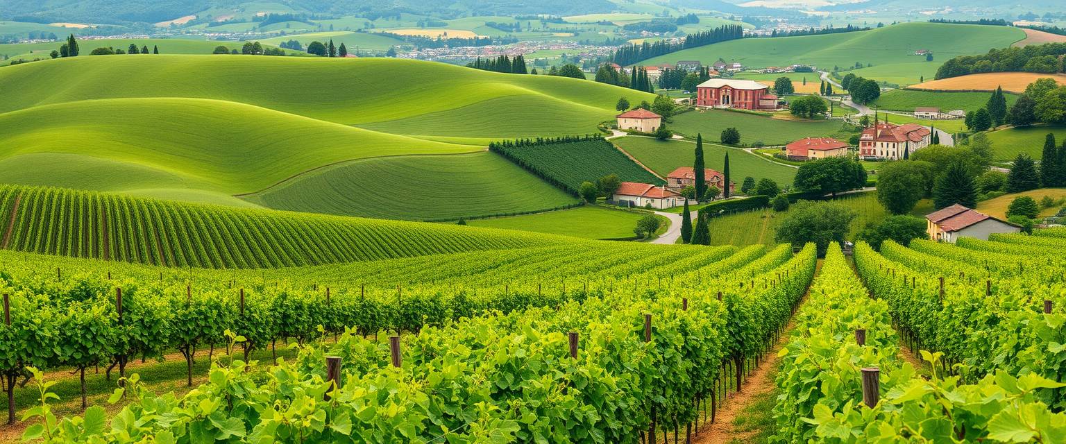 Verdant, rolling vineyards, grapevines, winemaking, high quality, photorealistic, rustic charm, scenic, harvest season, idyllic, countryside, panoramic, breathtaking::1.2 wine cellars, barrel aging, wine tasting, picturesque, countryside villas, grape harvest, winding roads. - Image