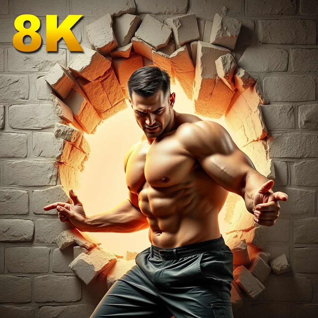 8k super high quality 3d image of a muscular man smashing through a wall destroying it. - Image