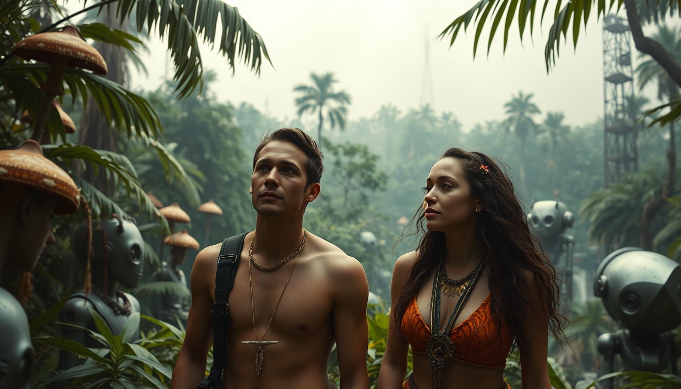 A male and female go on a spiritual quest in the Amazon Jungle and have a psychedelic experience by smoking mushrooms. They journey to the center of the jungle and find a futuristic city that has robots selling cigarettes. - Image