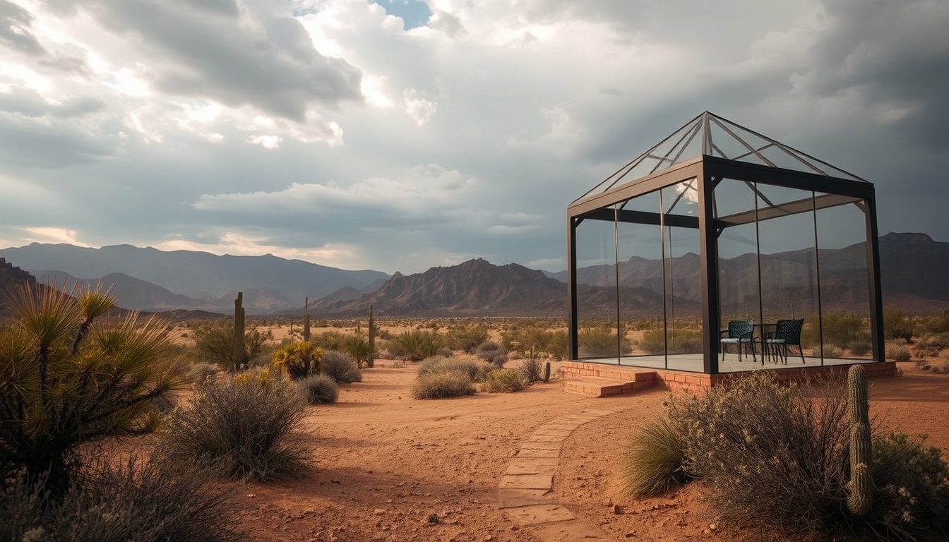 A dramatic desert landscape with a glass pavilion offering shade and shelter.