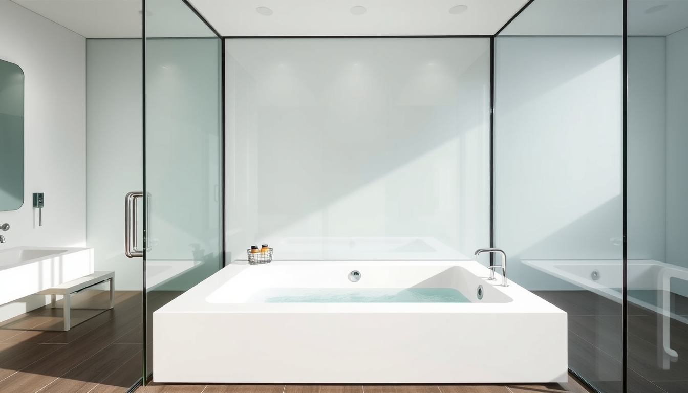 A sleek modern bathroom with glass walls and a luxurious soaking tub.