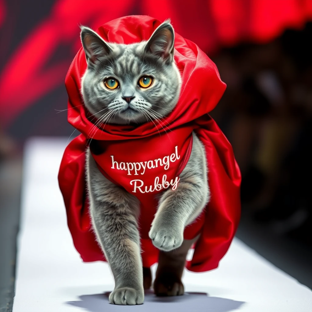 A gray cat wearing a red gown with the name "happyangel Ruby" embroidered on it is walking down the runway.