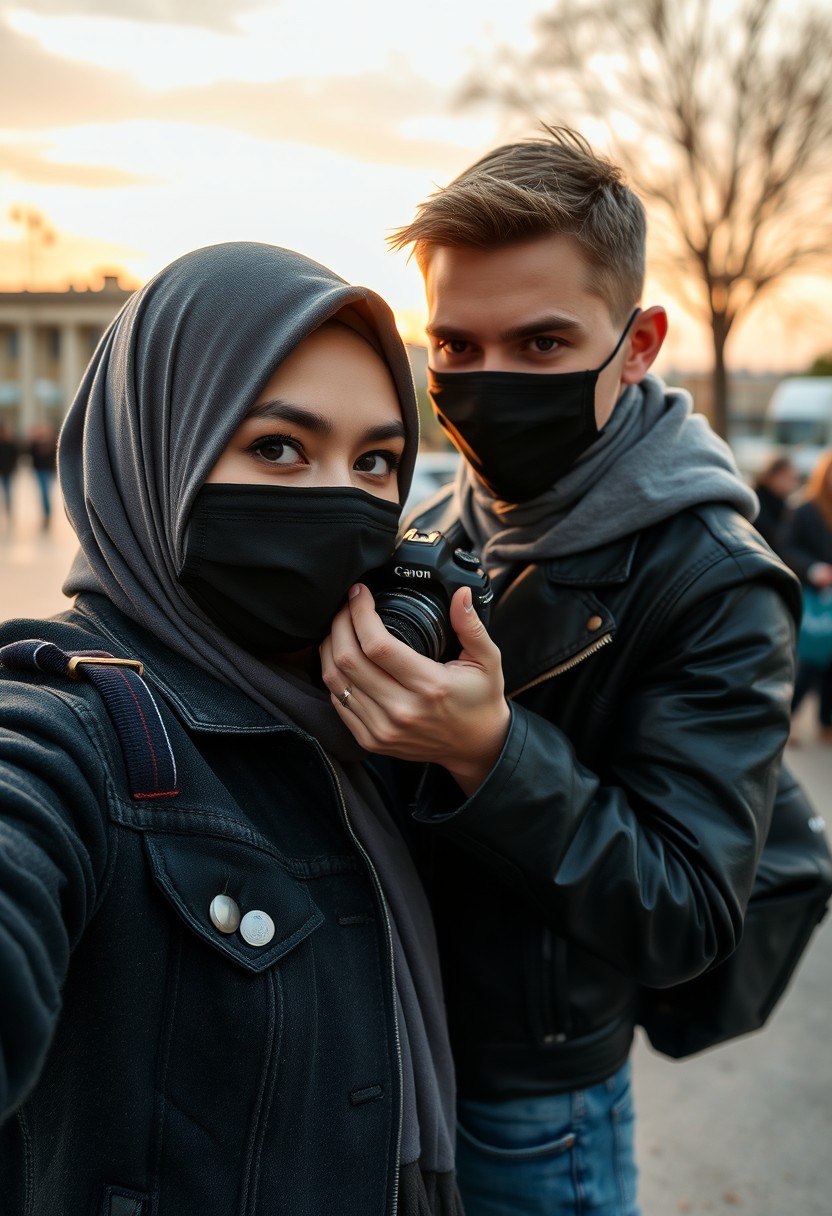 Jamie Dornan's head and body shot, handsome, face mask black, jeans jacket, jeans, dating, love couple, with the biggest grey hijab Muslim girl, face mask black, beautiful eyes, black leather jacket, biggest skirt, taking picture, camera DSLR Canon, sunset, hyper-realistic, street photography, selfie.