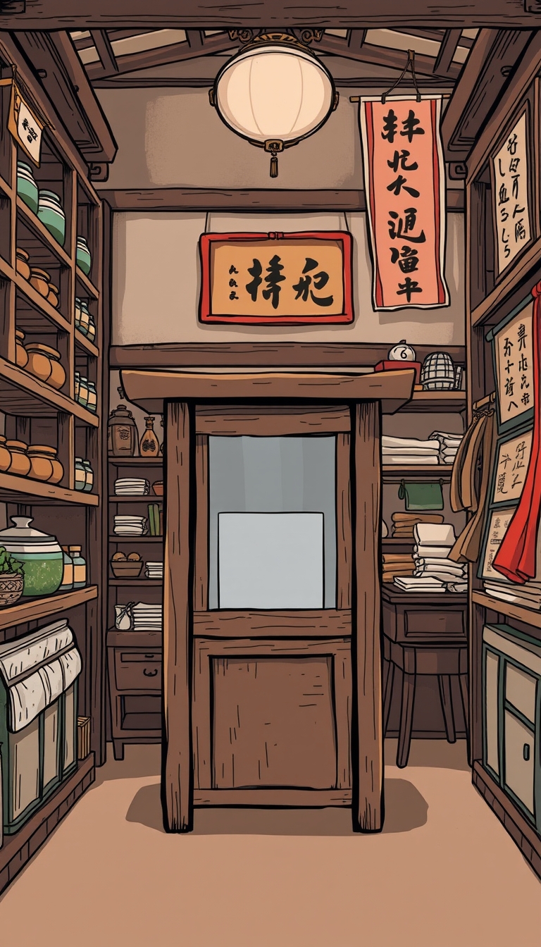 A rescue scene inside an ancient Chinese shop filled with herbs, fabrics, and antiques. Wooden shelves display jars of herbs and bolts of fabric. A simple ancient Chinese voting scene. A basic wooden voting booth is set against the interior of an old shop with traditional calligraphy and paintings on the walls. The floor has a plain carpet. The image is in 8K resolution, flat comic sketch style, with a graphic novel aesthetic, 2D effects, and muted tones. - Image