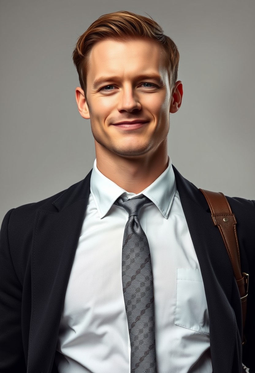 Jamie Dornan's head and body shot, handsome, young, shame smile, white shirt half buttoned, grey patterned tie, black coat suit, leather shoes, leather bag, hyper-realistic, studio photography, full body photography.