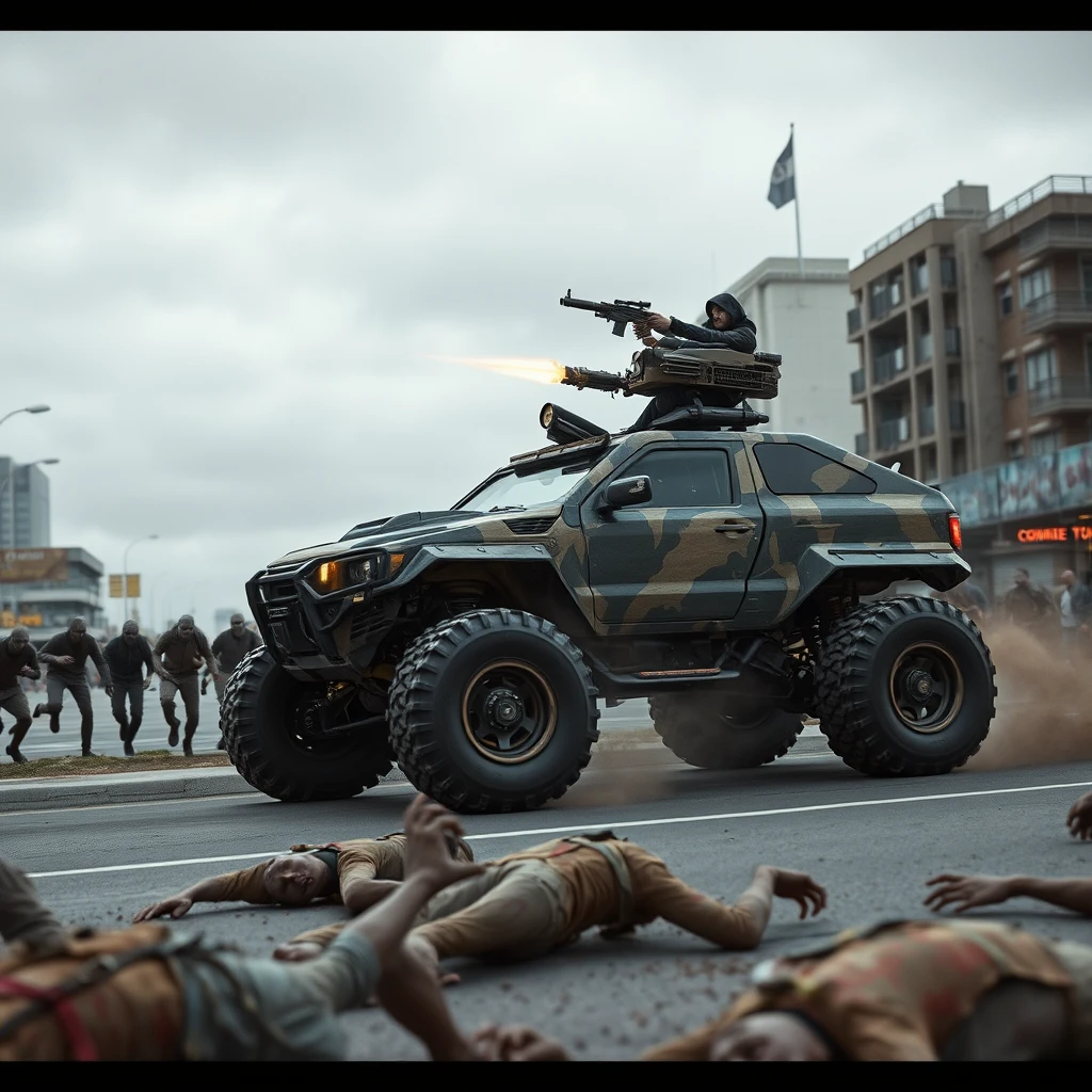 An award-winning cinematic shot of an ultra-futuristic city in the post-apocalyptic cyberpunk style, a 6-wheeled all-terrain vehicle is driving on the road, zombies are trying to catch up with the vehicle, a man is shooting at the zombies from the turret of the urban camouflage-colored all-terrain vehicle, gray sky, zombies are lying on the ground, others are running towards the vehicle, cinematic lights --ar 16:9 --stylize 250 --v 6.1.