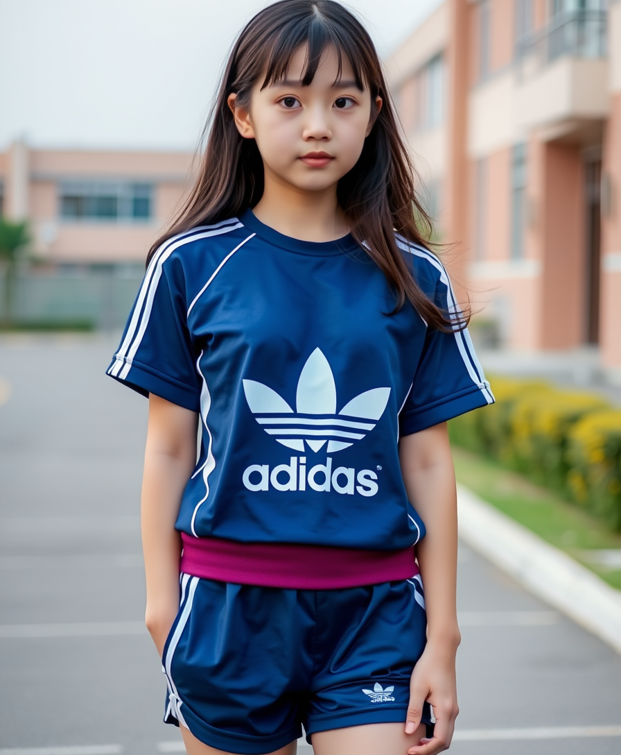 A Korean girl in gym clothes like Adidas. Short sleeves, shorts, gym clothes. School grounds.