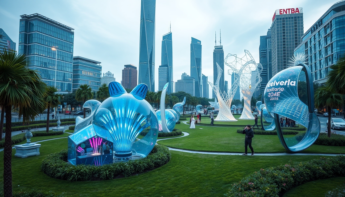 A futuristic city park with glass sculptures and interactive installations.