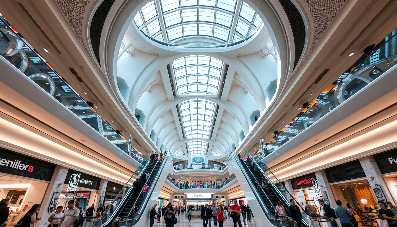 A futuristic shopping mall with glass ceilings and escalators, filled with shoppers. - Image