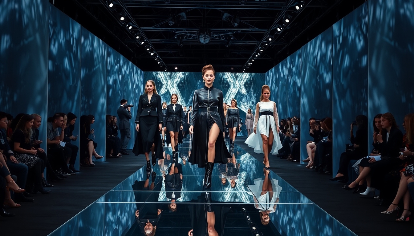 A high-end fashion show with models walking down a glass runway.