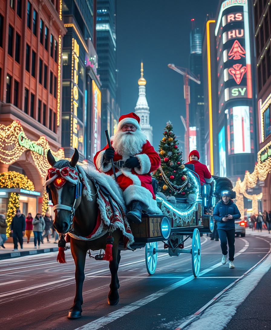 Russian Snow Grandfather rides a festive Russian troyka through a futuristic cyberpunk city decorated with Christmas lights. - Image