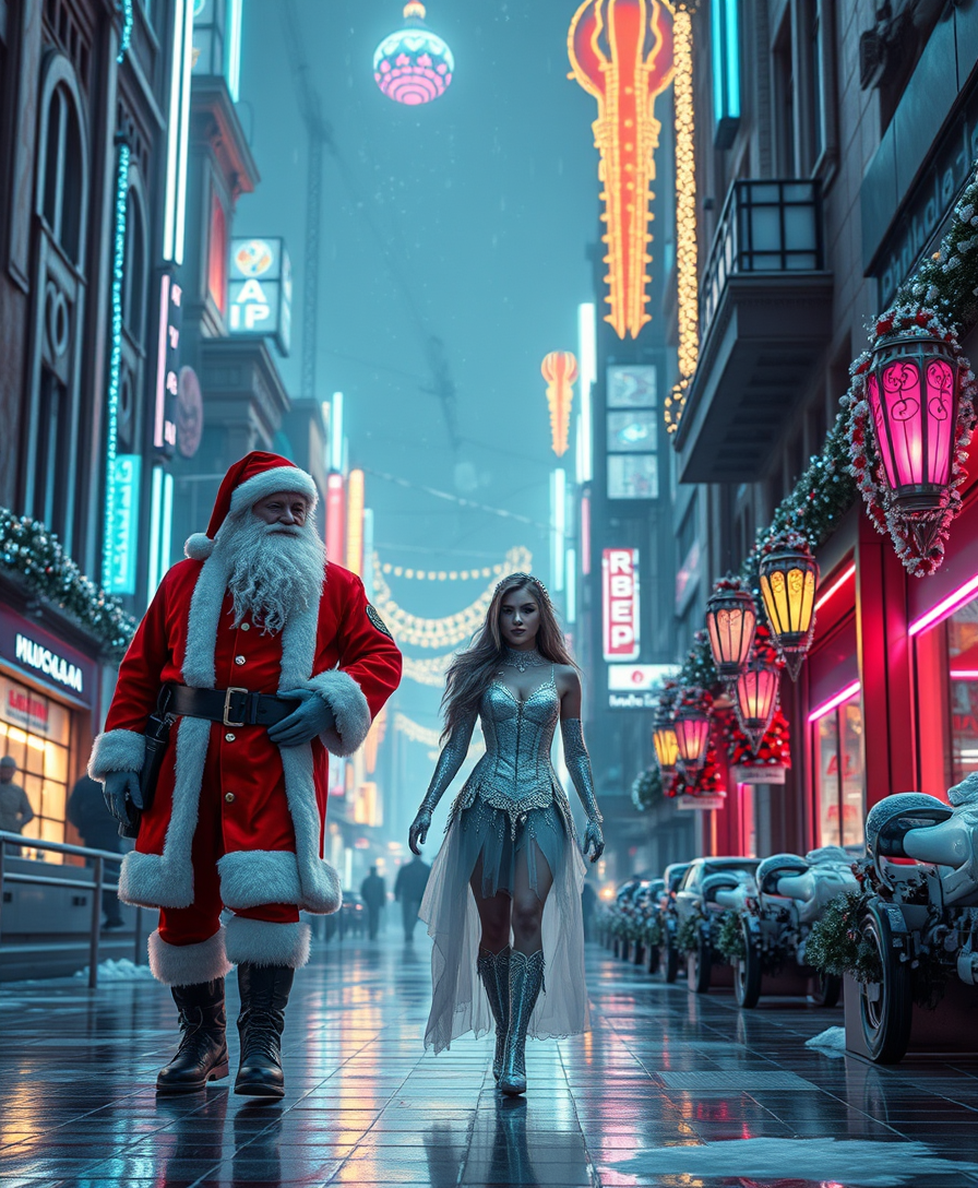 A captivating cyberpunk-inspired scene of the Russian Santa Claus and enchanting Snow Maiden strolling through a futuristic city adorned with Christmas lights. The Santa Claus character dons a modernized, sleek outfit with a cyberpunk twist, while the Snow Maiden is dressed in a captivating, icy outfit that complements the futuristic setting. The city's architecture combines traditional Russian elements with high-tech, neon-lit structures, and the atmosphere exudes a blend of holiday cheer and futuristic wonder.