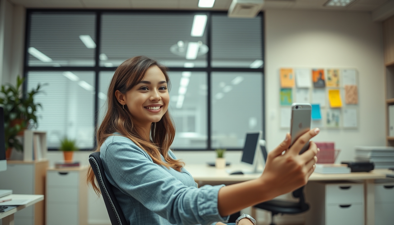 A girl sitting in her office taking a selfie