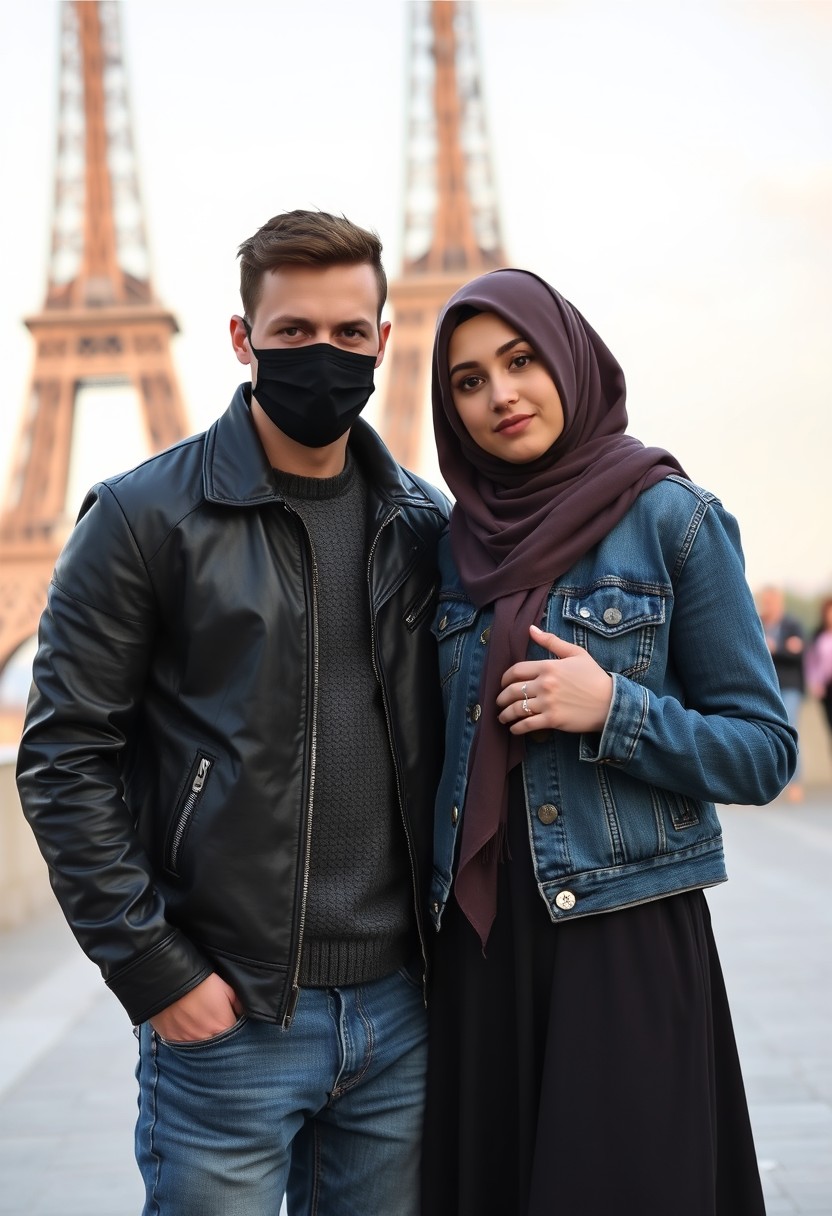 Jamie Dornan, handsome, black face mask, black leather jacket, jeans, dating, love couple with the biggest hijab Muslim girl, beautiful eyes, black face mask, jeans jacket, biggest skirt, wedding rings, Eiffel Tower, realistic, street photography.