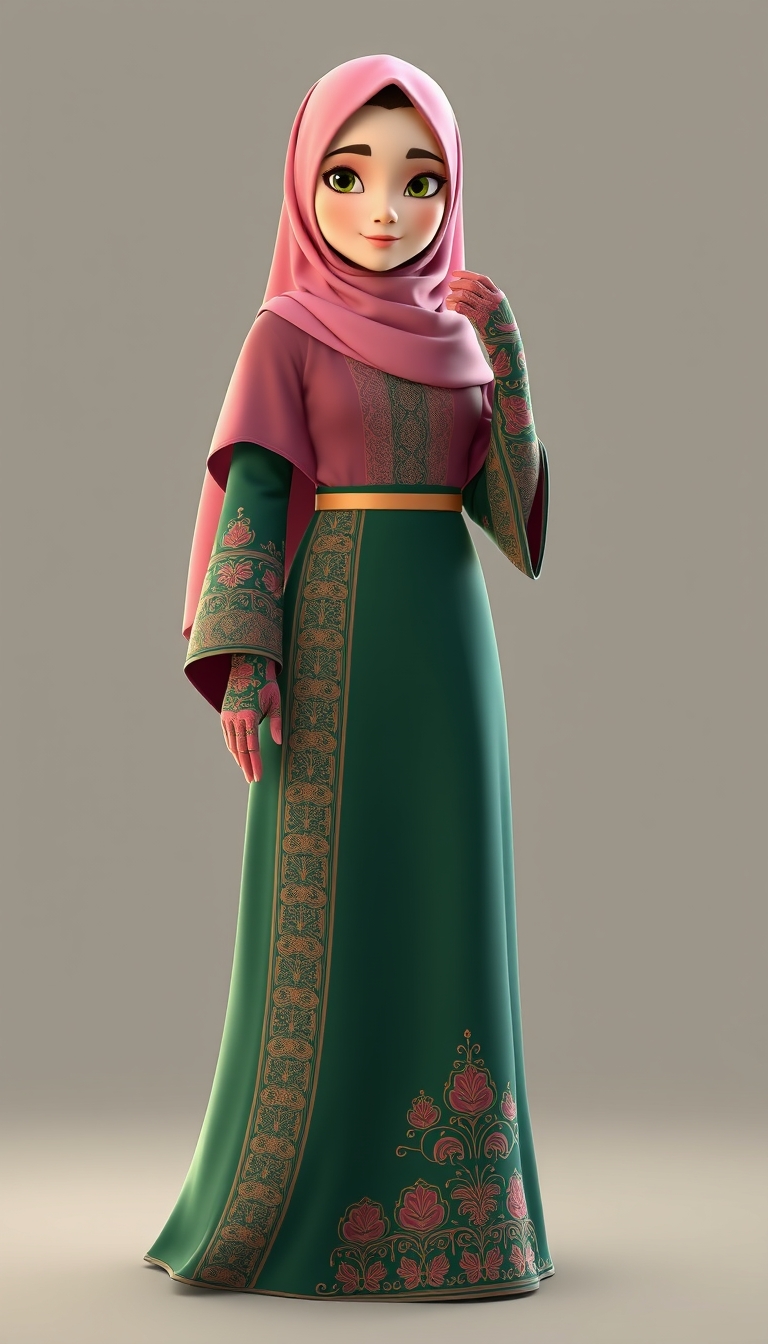 Create a 3D, 8K animated cartoon of a Muslim woman from Palembang wearing a long traditional songket dress. She should have her hands covered with batik gloves. The image should capture the elegance and cultural richness of the attire. - Image