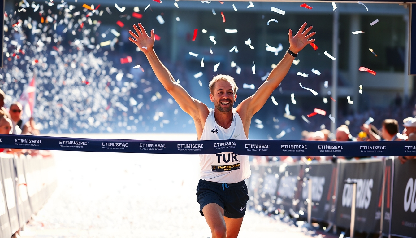 "Triumphant athlete crossing the finish line, arms raised in victory, confetti falling, sunlight illuminating their face, intense joy and accomplishment." - Image