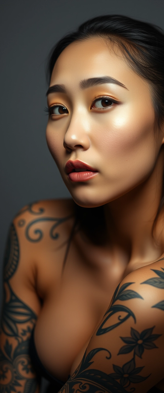 Tilt-up shot of a fair-skinned, beautiful Indian-Korean woman with stunning facial features, realistic skin, and a perfect body, heavily tattooed all over. - Image