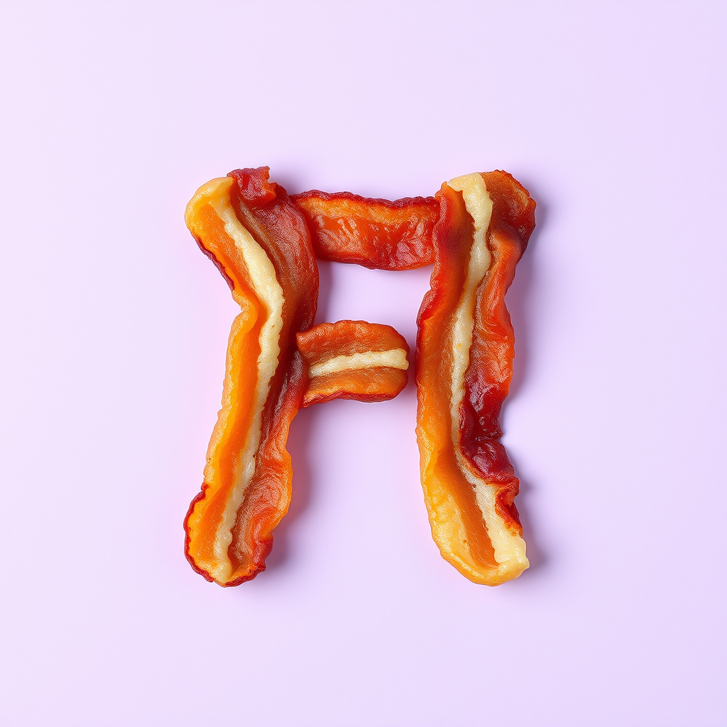 A letter "F" made of fried bacon on a light purple background, realistic photograph. - Image