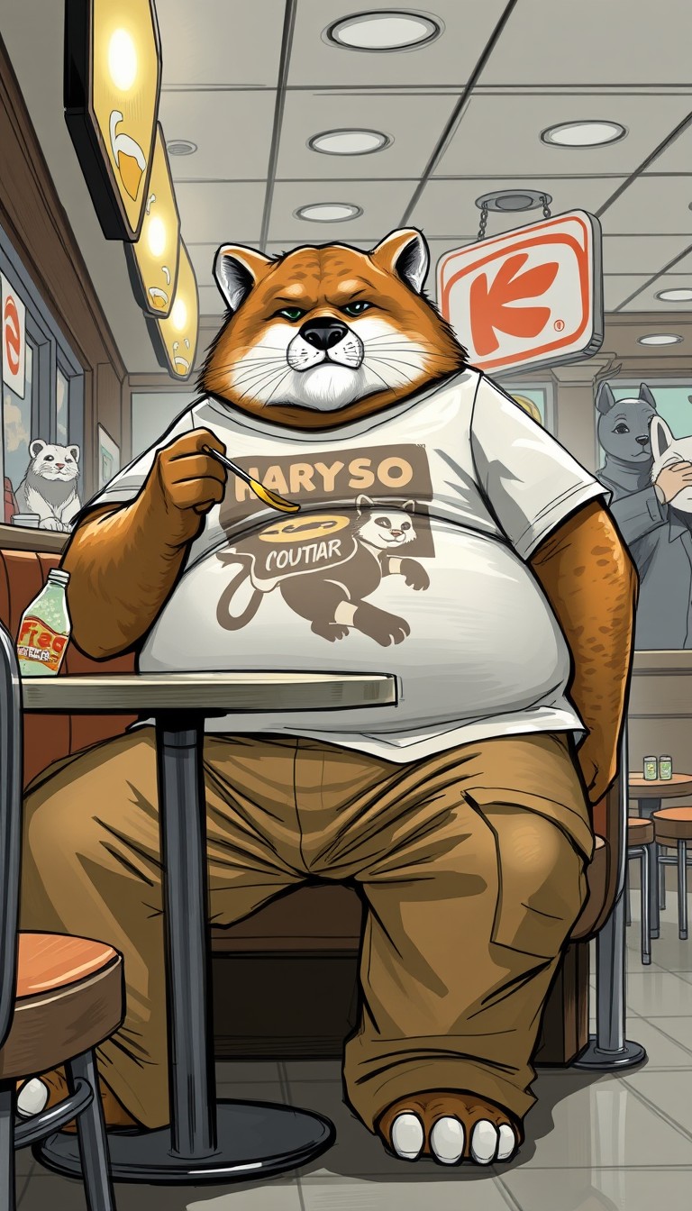 By Monet, digital art sketch, anthropomorphic fat Bear Cougar hybrid, big wide tan cargo pants, large fantasy graphic T-shirt, wide waist overhang, sitting at a booth table, eating at a fantasy fast food restaurant, anthropomorphic animals in background.