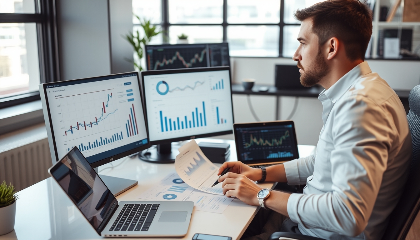 Male professional analyzing financial charts and spreadsheet on computer and laptop at office desk - data analysis, business strategy, and financial planning in modern workplace setting. - Image