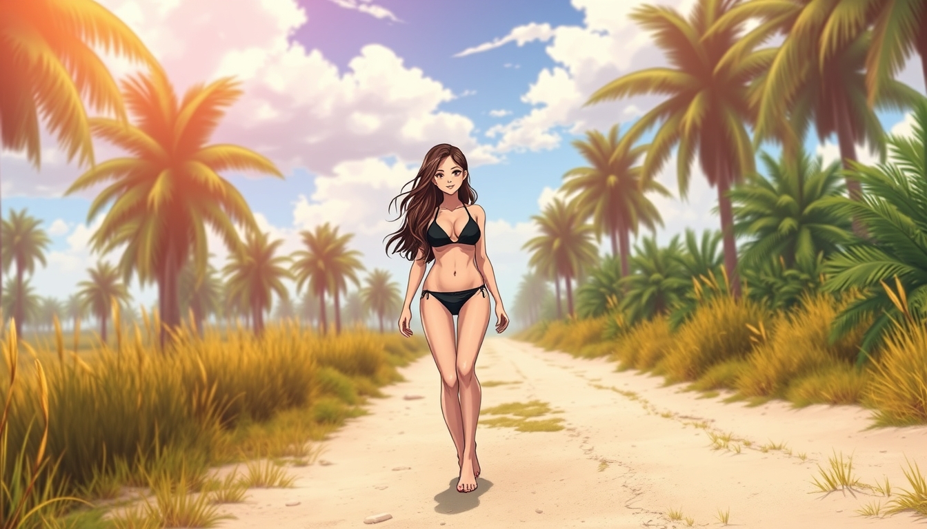 Anime background, a beautiful Caucasian brunette girl with long hair wearing a black bikini walking on a sandy country road, palm trees, barefoot, smiling, model body type.