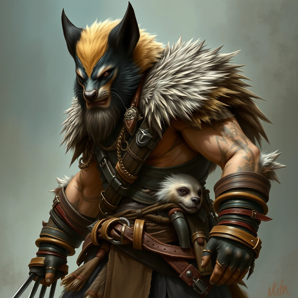 Dungeons & Dragons barbarian, clad in few belts of leather adorned with fur and tribal patterns. The color scheme and outfit are a medieval version of Wolverine from X-Men but redesigned to resemble an actual wolverine. A light-silvery facial mask is distinct in some individuals, and a pale buff stripe runs laterally from the shoulders along the side and crossing the rump. There are prominent white hair patches on the chest. The style is reminiscent of classic fantasy illustrations, with a touch of realism, showcasing the intricate textures and the wild nature of the scene.