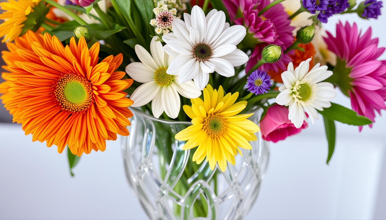 An intricate glass-blown vase filled with fresh, vibrant flowers. - Image