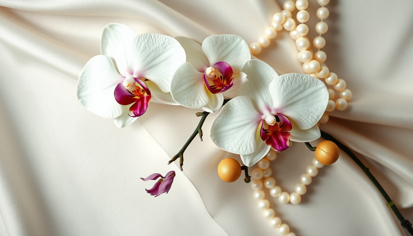 Stunning luxury 3D wallpaper with a beautiful and perfect composition featuring orchid flowers and strings of pearls against a backdrop of delicate silk fabric with a thin gold pattern, uniform clear focus, top view.