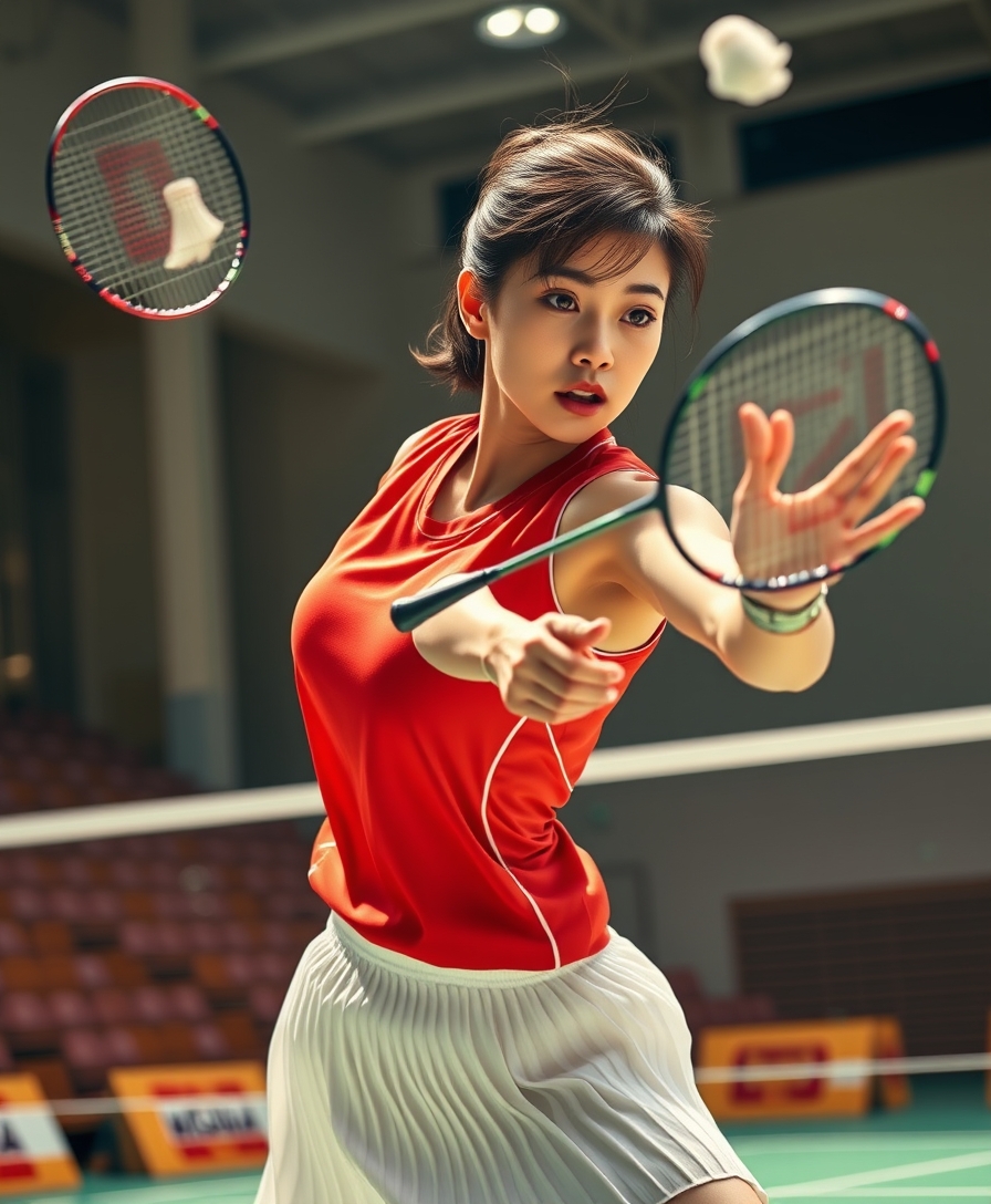 A detailed, realistic portrait of a young woman playing badminton in an indoor sports arena. The woman is wearing a bright red jersey and is mid-swing, her body in a dynamic, athletic pose as she focuses intently on the shuttlecock. The background is blurred, with glimpses of the court, net, and spectator stands visible. The lighting is natural and directional, creating shadows and highlights that accentuate the woman's features and muscular definition. The overall composition conveys a sense of energy, movement, and the intensity of the game. The image is highly detailed, with a photorealistic quality that captures the textures of the woman's clothing, skin, and the badminton equipment. A woman with a beautiful face like a Japanese idol, she is wearing a white pleated skirt. Badminton rackets and shuttlecocks with dynamic swings and motion blur. Depiction of the human body with a flawless personality. - Image