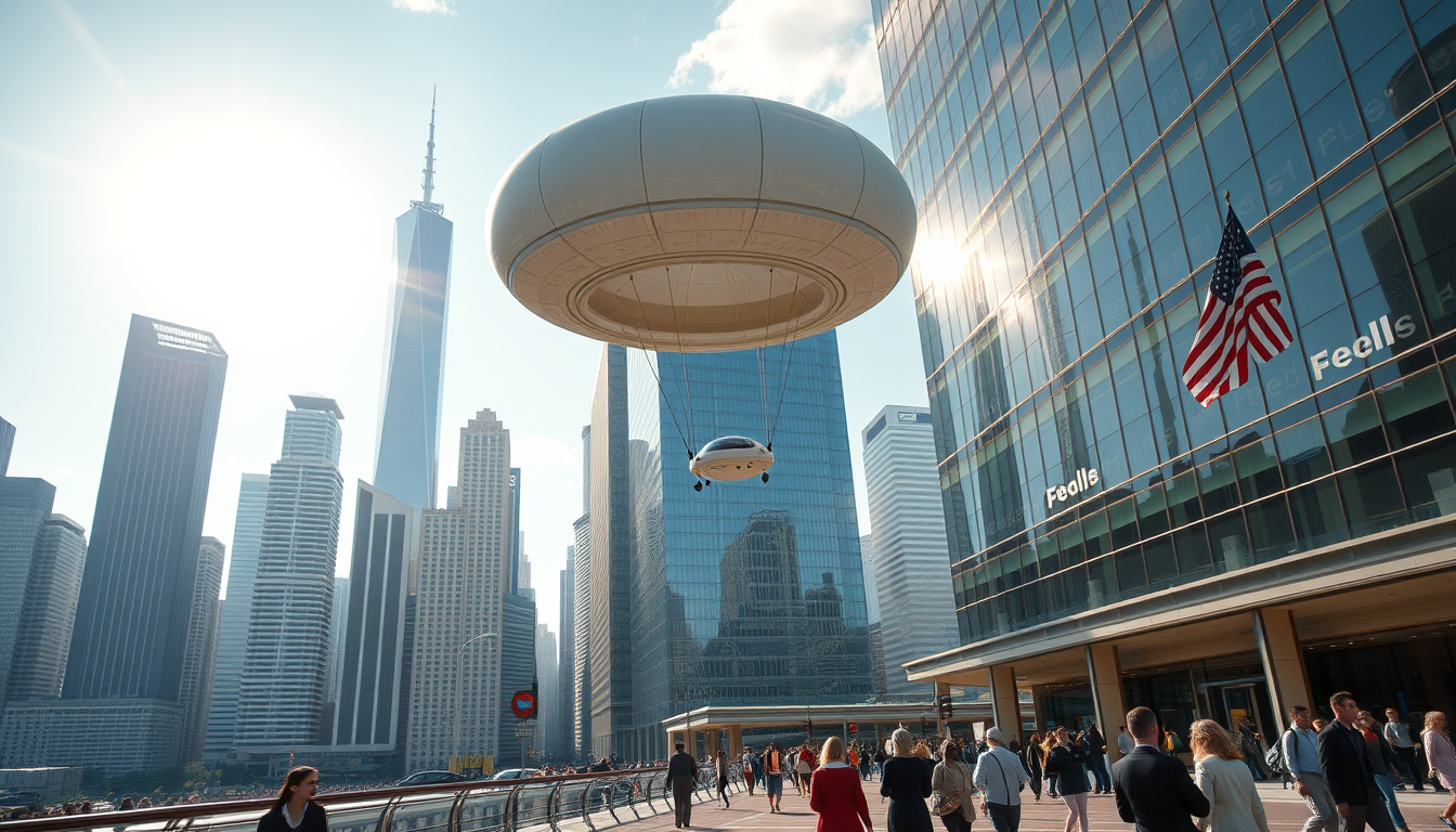 Create a stunning high-resolution image of a futuristic city. The skyline should be covered with towering skyscrapers. Include a light-colored elliptical balloon-type robot hurtling through the air with tiny black balancers on either side of the balloon, and don't show ropes and American flags. The streets should be bustling with people dressed in fashion-forward styles. Highlight the small balloon-type robot, performing its rounds in the sky, and the beautiful sunlight reflecting on the glass surfaces of the buildings, creating an atmosphere of excitement and innovation. Very sharp and realistic details, 32K.