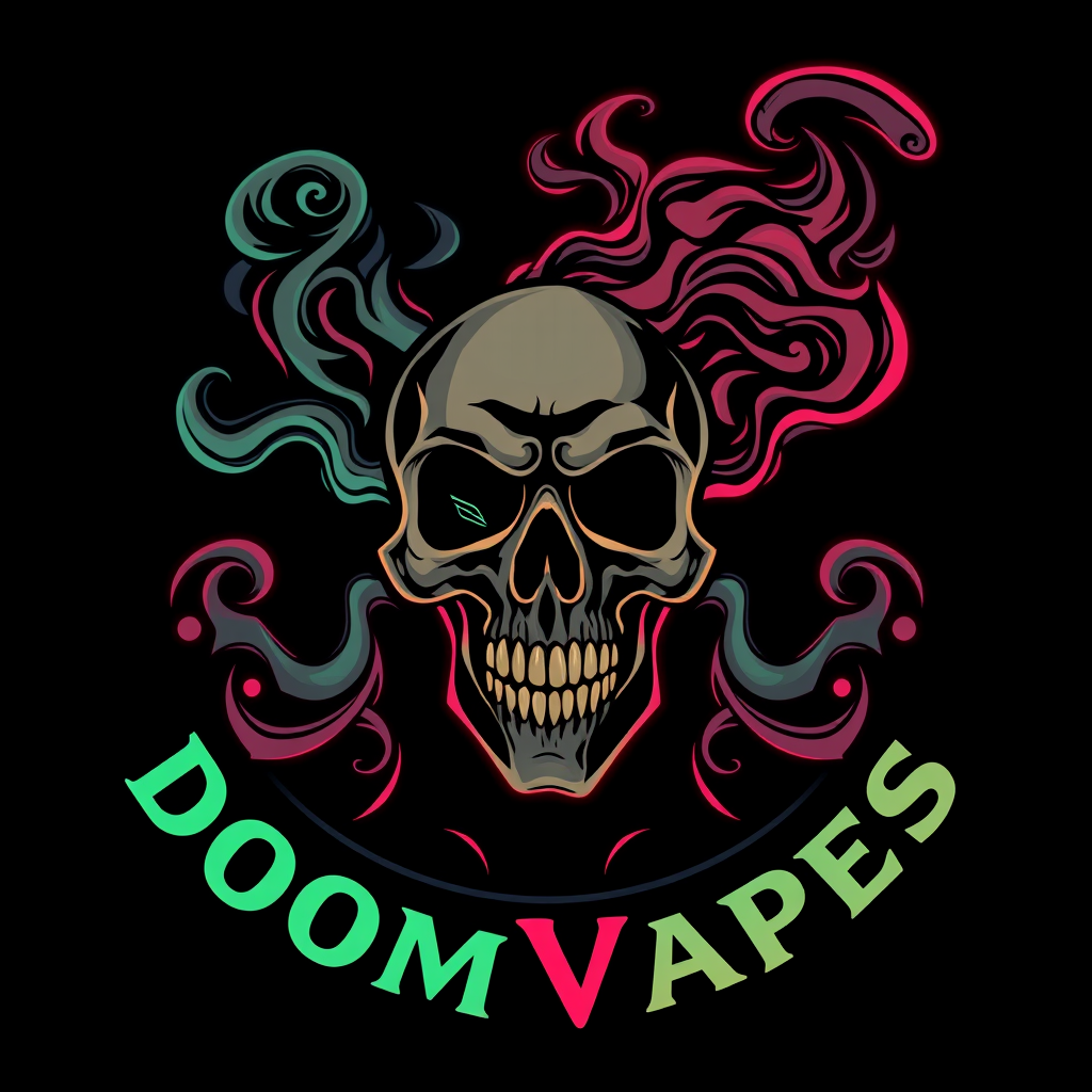 Logo for DoomVapes, a vape company, featuring a stylized skull exhaling intricate vapor clouds. Dark, gothic aesthetics with neon accents.