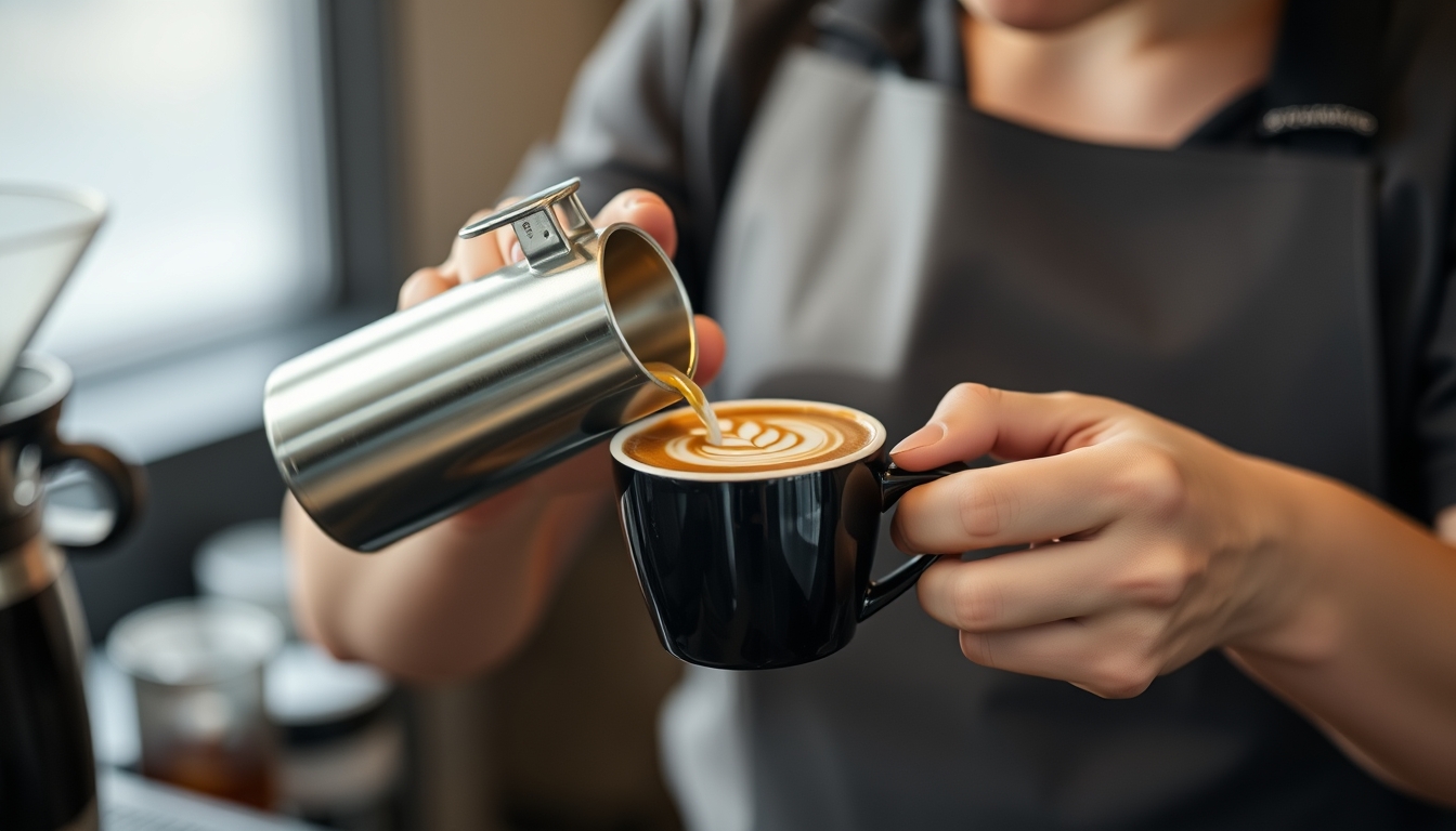 Barista pouring latte art into a coffee cup, highlighting the skill and artistry in coffee making.