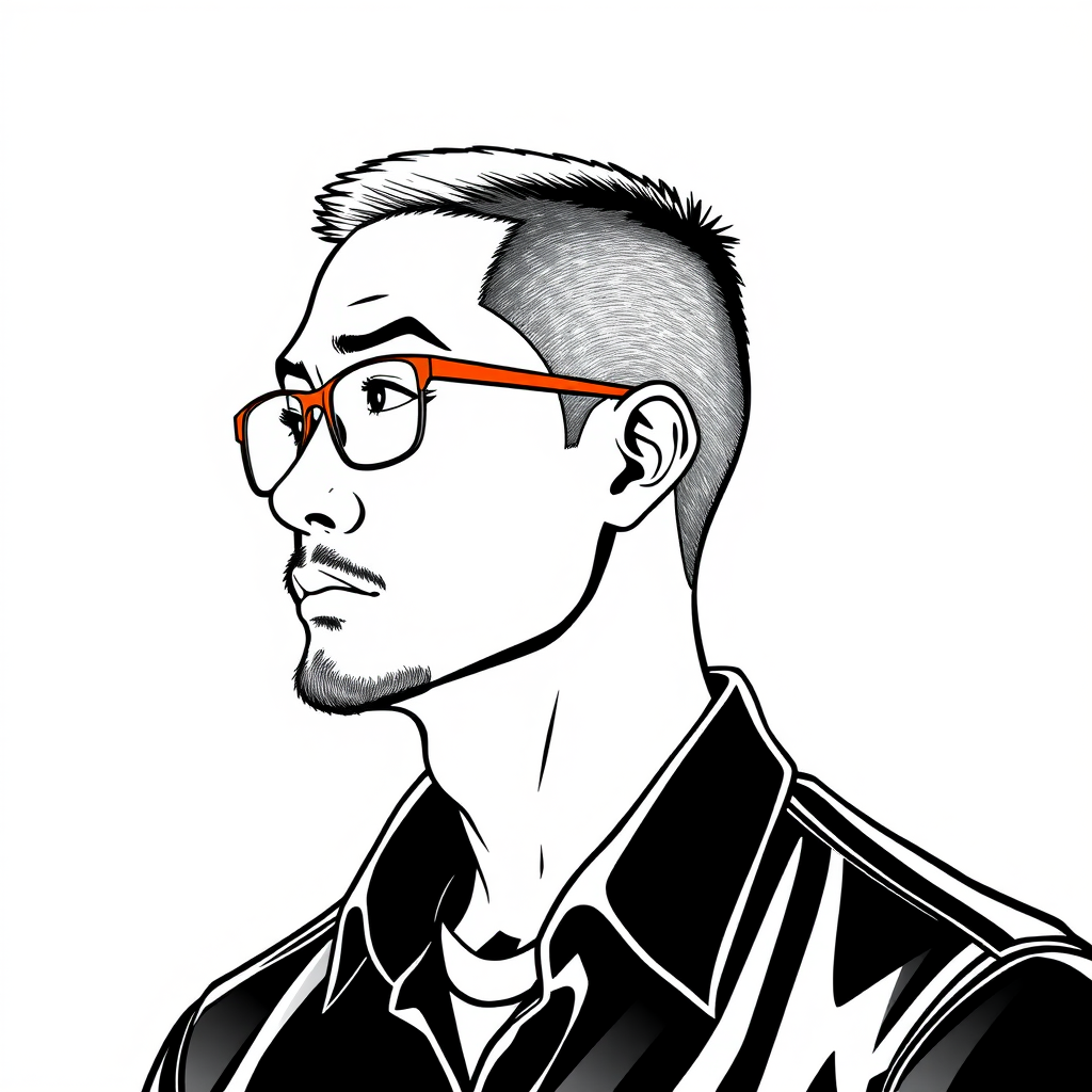 "Make me a cool line drawing of a man around 35 years old, with a crew cut, in profile, and a sturdy build. He is Asian, wearing framed glasses for nearsightedness, has clean lips without a mustache, a little beard on the chin, wearing a shirt, and has a slightly rogue demeanor, appearing to be in thought."