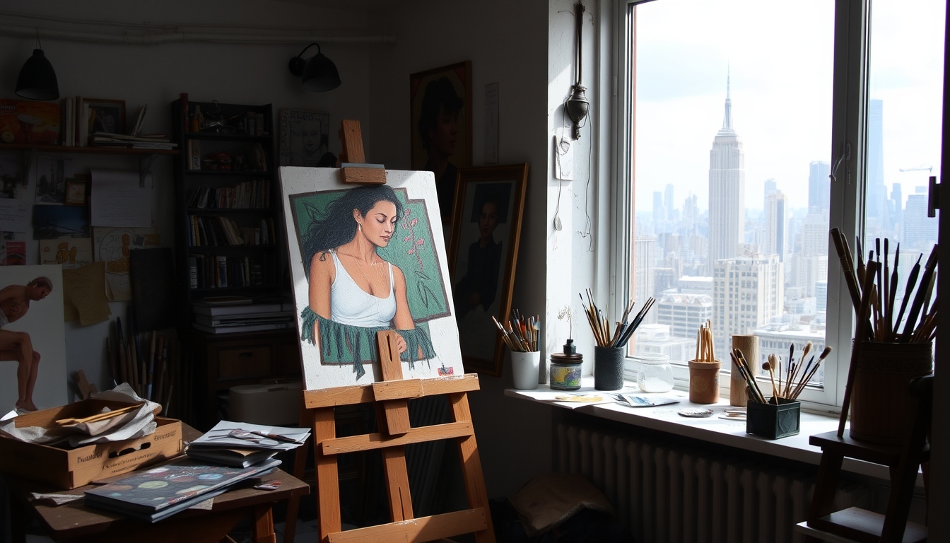 A messy art studio with an easel, paintbrushes, and a window overlooking a city skyline.