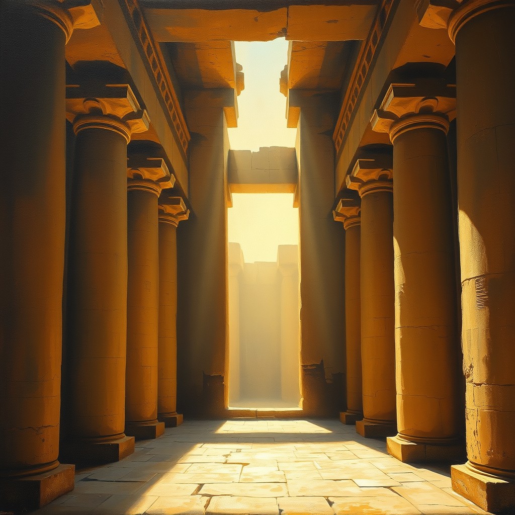 An old oil painting of an Egyptian temple. Inside. Sunlight from the right.