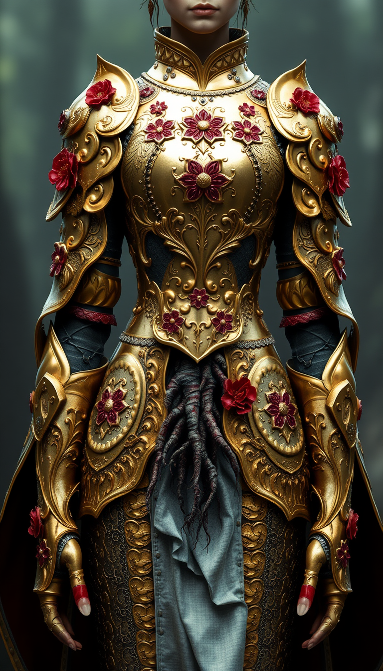 Her tall and slender figure is clad in armor that combines metallic luster and organic patterns reminiscent of flowers and roots. Golden plates with red accents smoothly cover her body, emphasizing her status and nobility. Ominous rotten growths can be seen from under the armor, indicating a curse that eats her from the inside.