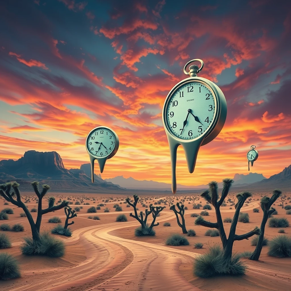 Surreal desert landscape, giant floating geometric shapes, melting clocks draped over bare trees, vibrant sunset sky with impossible colors, Salvador Dali inspired, hyperrealistic rendering.