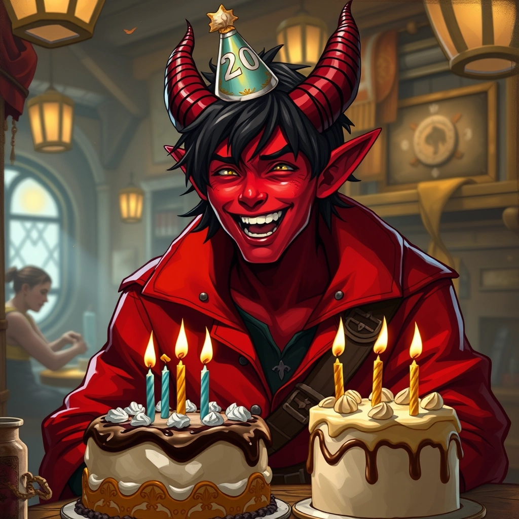 Fantasy hero, male tiefling 20 years old, red skin color, horns, black hair, laughing, birthday cake in front of him, in a red jacket, fantasy adventurer's clothes, in a tavern, young face, yellow eyes, birthday cap on his head. - Image