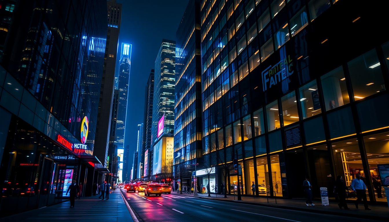 A vibrant city street at night, with reflections in the glass windows of skyscrapers. - Image