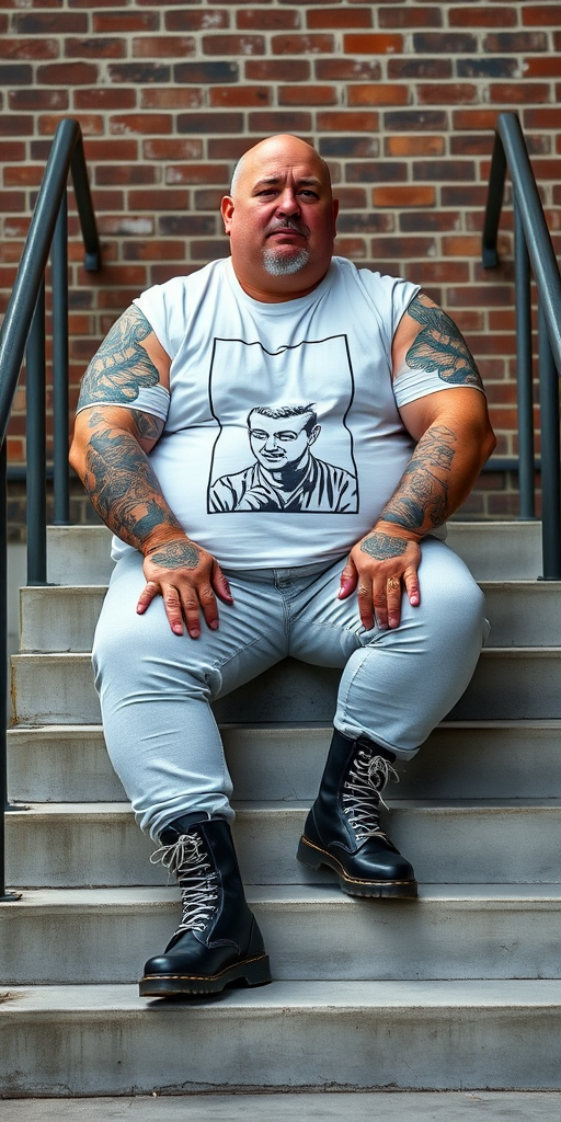 Prompt: a portrait-style photograph featuring an extremely huge 60-year-old muscular, beefy, stocky, chubby, fat, obese, male skinhead sitting on a set of concrete stairs. He has a bald head, light skin, and is wearing a white t-shirt with a black and white graphic print of a person on it. His huge muscular arms are heavily tattooed with intricate designs. He is also wearing tight bleached denim trousers that highlight his huge, muscular legs and black knee-high Dr. Martens boots with white laces. The background consists of a brick wall and metal handrails on either side of the stairs. The overall setting appears to be industrial.