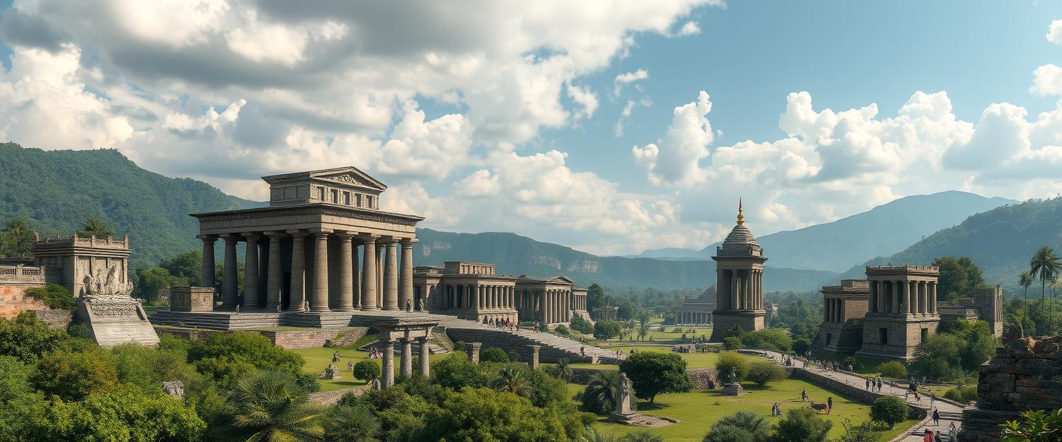 Grand, ancient ruins, historical, archaeological, high quality, photorealistic, mystical, lost civilizations, stone structures, lush greenery, mysterious, UNESCO World Heritage Site, panoramic, breathtaking::1.5 hieroglyphs, temples, palaces, pillars, statues, sacred sites, ancient tombs, hidden chambers