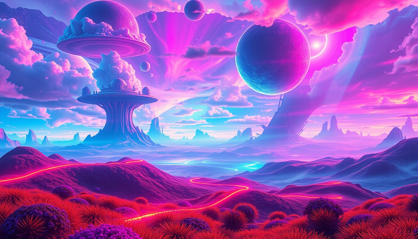 Surreal abstract landscape with neon lights, vibrant colors, and floating islands in a futuristic sky. - Image