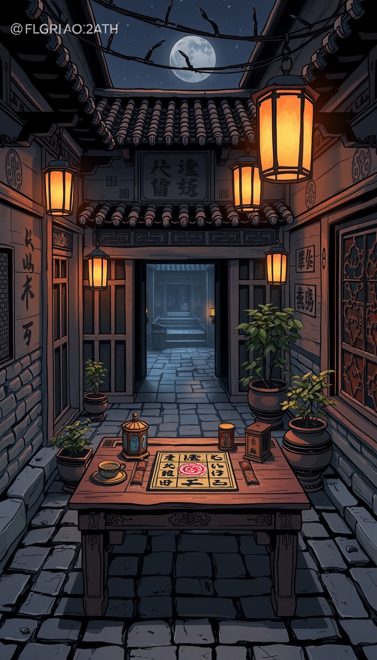 A high-resolution comic-style illustration showing an ancient courtyard at night. Dim light reveals traditional Chinese patterns on the walls, with rustic stone bricks on the ground. Old lanterns and potted plants are present. A wooden table displays a skill usage scene with mystical symbols and artifacts. The scene has a cozy, traditional, and slightly magical atmosphere. The image is in 8K resolution, flat comic sketch style, with a graphic novel aesthetic, 2D effects, and muted tones.