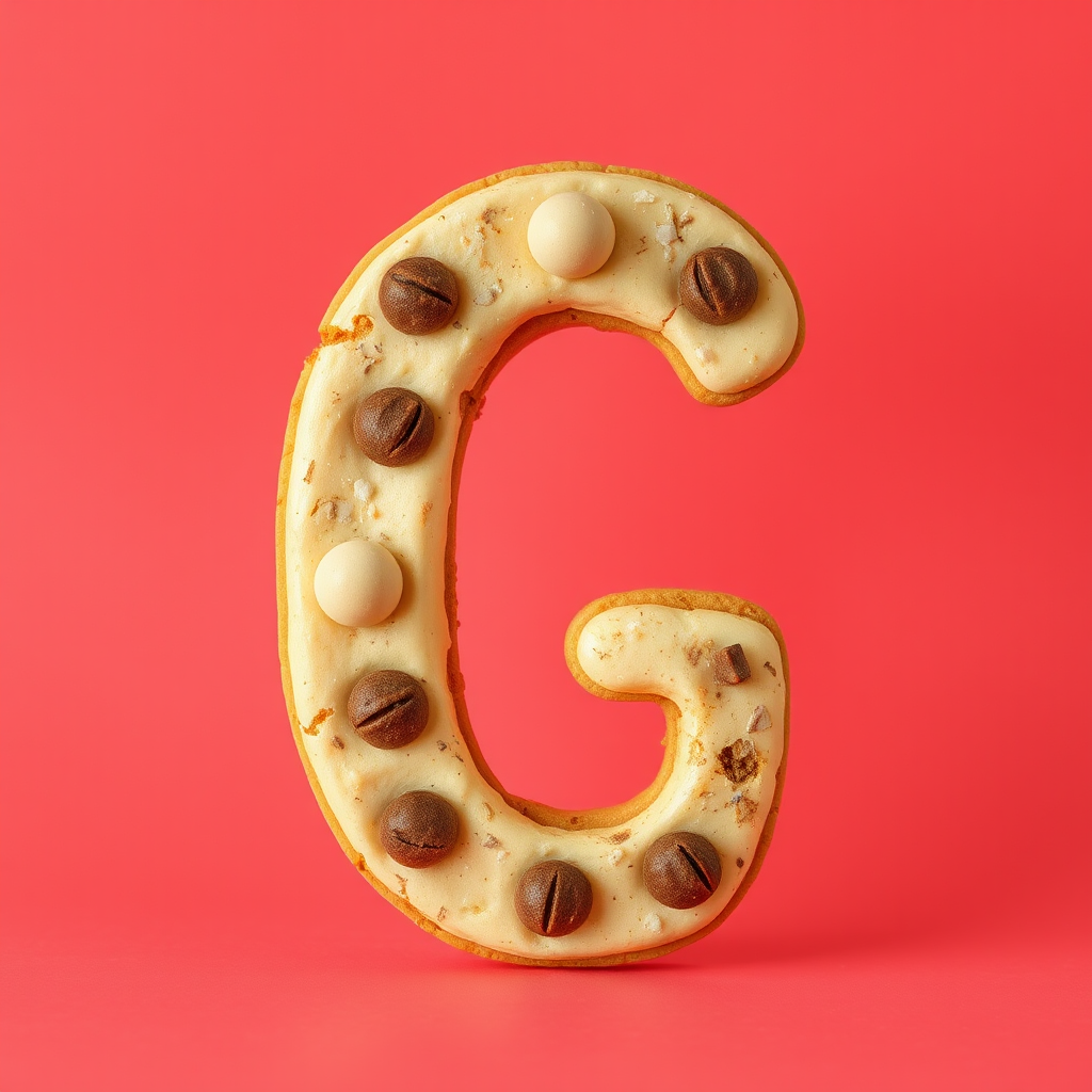 A letter "G" made of cookies, light red background, realistic photograph.