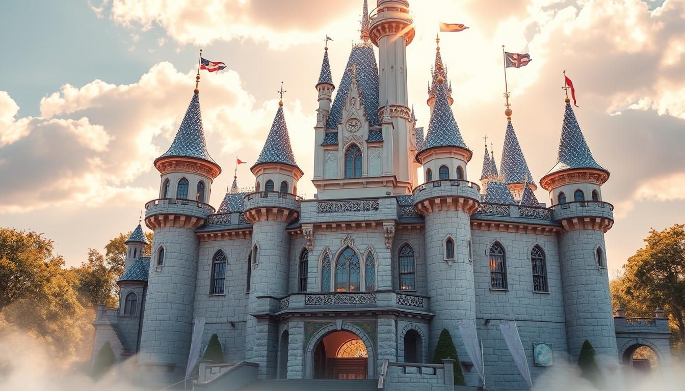 A whimsical fairy tale castle with glass turrets sparkling in the sunlight. - Image