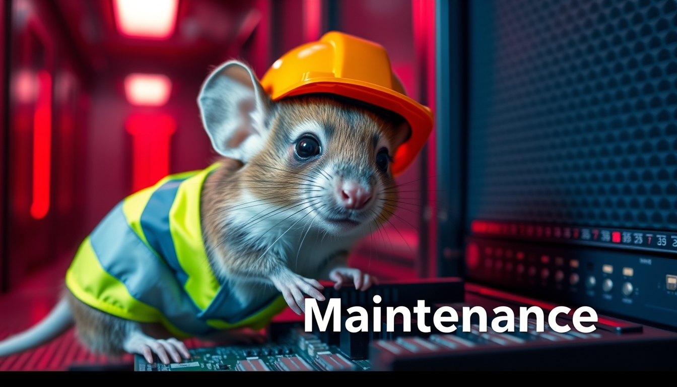 A small mouse with a hard hat and high visibility vest is repairing a circuit board. The mouse has a serious look in his eyes. The background shows a server room with only red emergency lighting, creating a red ambient glow. The text in the background says "Maintenance."