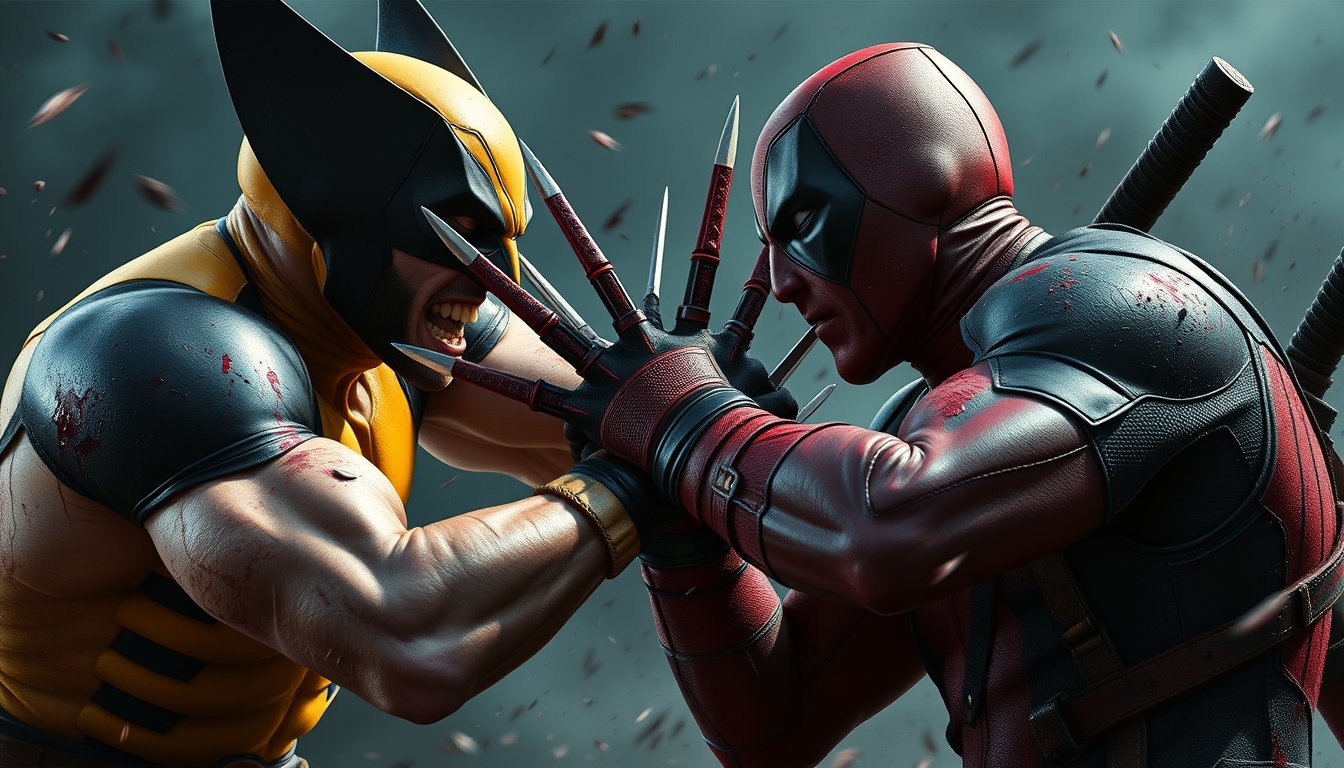 Wolverine and Deadpool slashing each other, very bloody fight. - Image