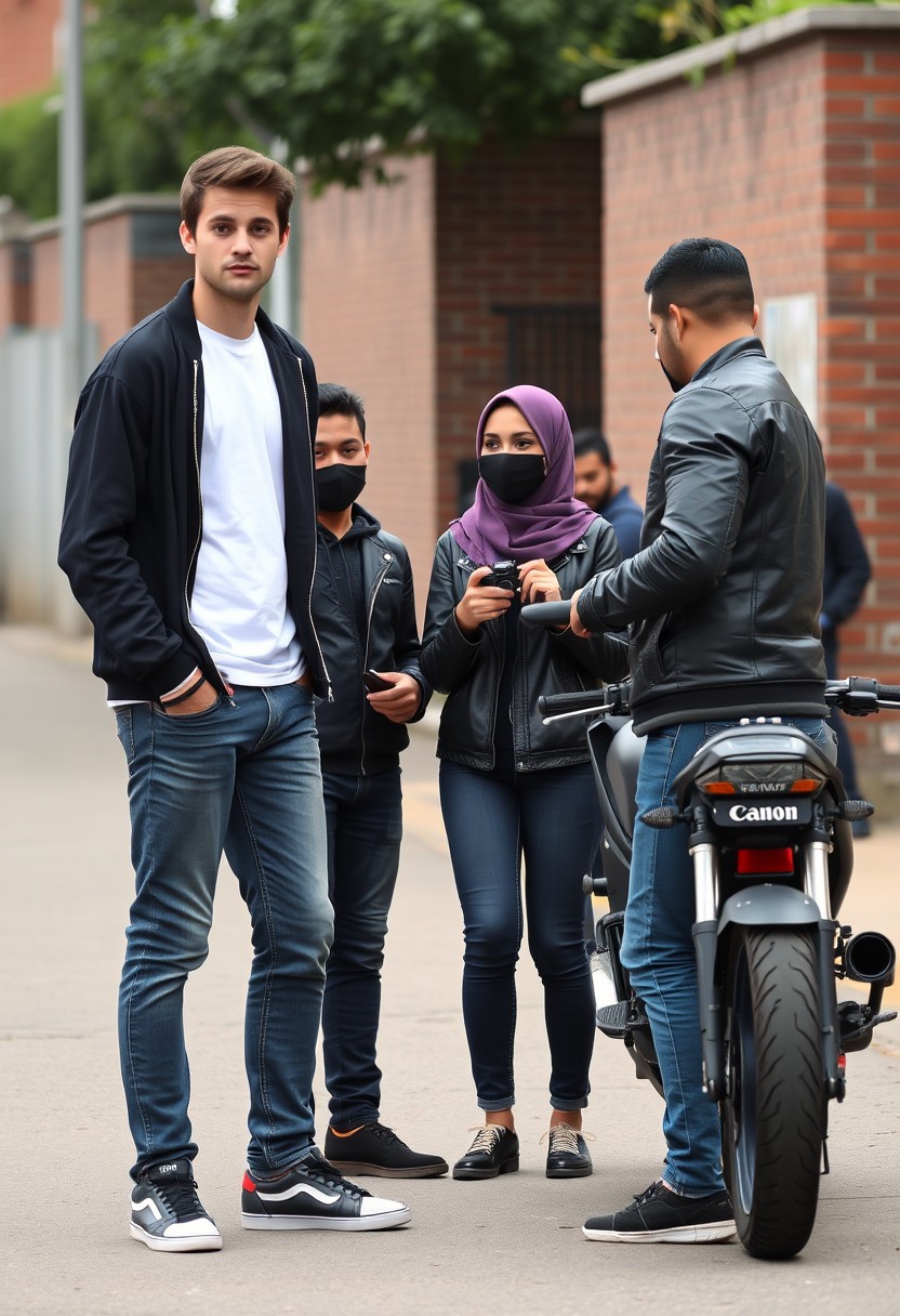 Jamie Dornan and Freddie Prinze, head and body shot, handsome, young, serious face, dark brown hair, white t-shirt, college jacket, skinny jeans, sneakers, standing, discussing with two guys and a short-haired Muslim girl wearing a purple hijab, beautiful eyes, wearing a black face mask, black leather jacket, jeans, holding a Canon DSLR camera, near a town road, superbike, hyper-realistic, street photography, brick wall, full body photo, three other random friends in the back.