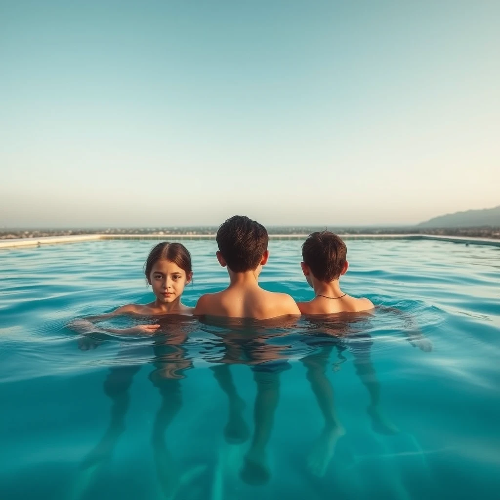 "A strange swimming pool, with three young people swimming in the pool, distant view."