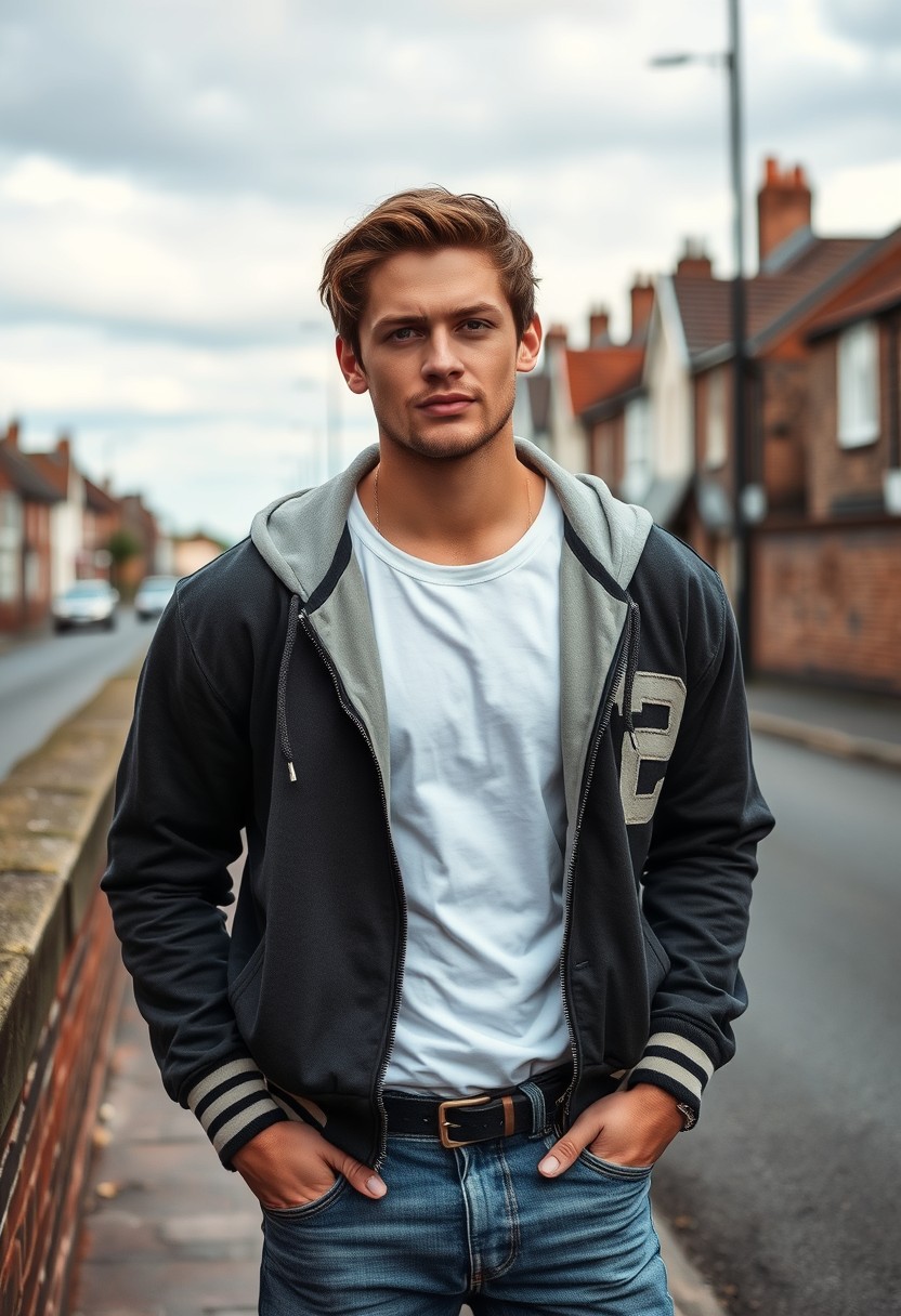 Jamie Dornan head and body shot, handsome, young, serious face, dark brown hair, white T-shirt, college jacket, skinny jeans, sneakers, standing in a hot style, flirting face, touching lips, near a town road, hyper-realistic, street photography, brick wall, full body photo. - Image